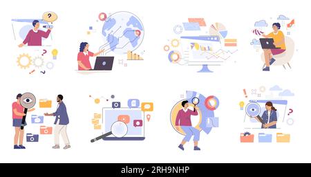 Gathering data flat set of people involved in collection analysis interpretation generation processing management of information isolated vector illus Stock Vector