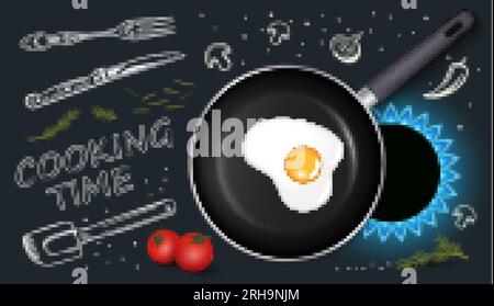 Cooking time realistic collage at chalkboard background with scrambled egg in pan on gas stove vector illustration Stock Vector