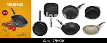 Pan dishes realistic composition with set of utensil with non stick coating for frying and cooking vector illustration Stock Vector