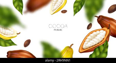 Realistic horizontal frame with cocoa pods leaves and blur effect vector illustration Stock Vector