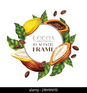 Round frame in realistic style with cocoa beans and leaves vector illustration Stock Vector