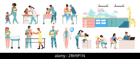 Pediatrics set with friendly pediatricians examining babies and children flat isolated vector illustration Stock Vector