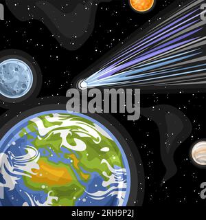 Vector illustration of Falling Comet, square astronomical poster with cartoon design shooting blue ice comet in earth and moon, decorative futuristic Stock Vector