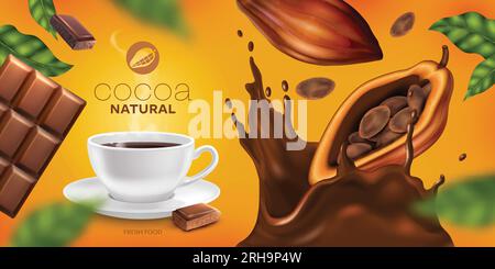 Natural cocoa horizontal poster with cup of hot drink chocolate cacao pods and splashes realistic vector illustration Stock Vector