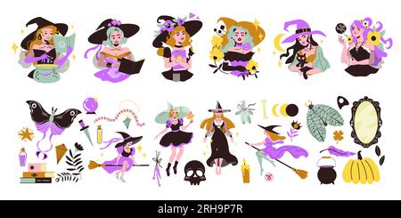 Flat set of witchcraft tools and young beautiful witches reading magical books making potions flying on broom isolated vector illustration Stock Vector