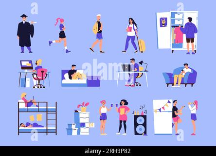 Dormitory flat set of interior elements and students studying and throwing parties isolated on color background vector illustration Stock Vector