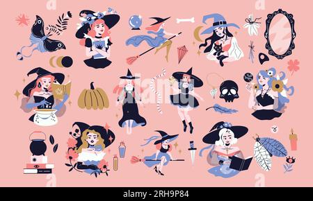 Flat set of young witches using various magical tools isolated on pink background vector illustration Stock Vector