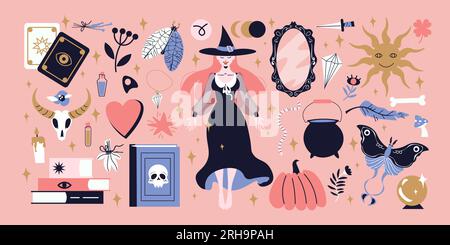 Big flat set of various magical and occult objects and young witch wearing black dress and hat on pink background isolated vector illustration Stock Vector