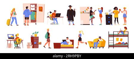 College dormitory interior set with student daily life scenes flat isolated vector illustration Stock Vector