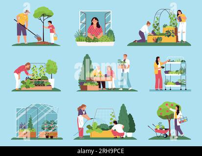 Community garden flat color set of people engaged in landscaping of city park street cafe recreation area isolated vector illustration Stock Vector