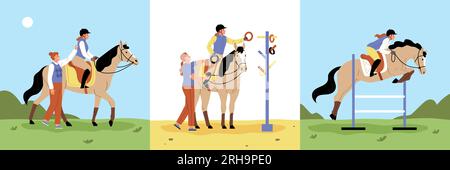 Horses and people three square compositions with equestrians trainers and racing animals vector illustration Stock Vector