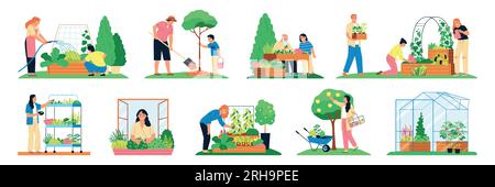 Community garden flat set of people decorating city parks and houses with plants and flowers isolated vector illustration Stock Vector