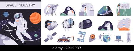 Space industry flat composition set of spaceships astronauts satellite scientists looking through telescope isolated vector illustration Stock Vector