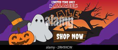 Flat Halloween Sale Banner With Vintage Style. Pumpkin ,Ghost and Wizard Hat vector illustration Stock Vector