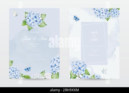 Set of pastel watercolor invitation cards with blue hydrangea flowers, decorated with butterflies, and stain textures. Vector perfect for a wedding ca Stock Vector
