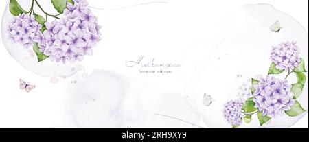 Watercolor art with purple hydrangea flowers, decorated with butterflies, and stains for horizontal background. Vector background perfect for banner, Stock Vector