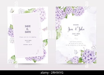 Set of pastel watercolor invitation cards with purple hydrangea flowers, decorated with butterflies, and stain textures. Vector perfect for a wedding Stock Vector