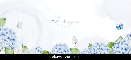Watercolor art with blue hydrangea flowers, decorated with butterflies, and stains for horizontal background. Vector background perfect for banner, he Stock Vector