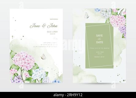 Set of watercolor invitation cards with colorful hydrangea flowers, decorated with butterflies, splatter, and stain textures. Vector perfect for a wed Stock Vector