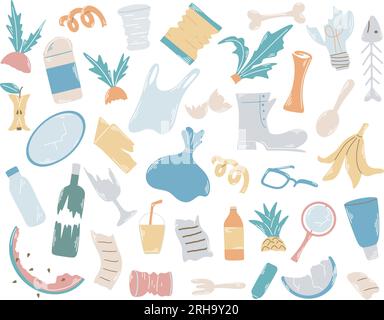 Garbage and household waste hand drawn set. Unsorted trash includes leftover food, broken items, glass, plastic, paper. Environmental pollution Stock Vector