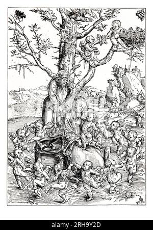 The Repose in Egypt with Dancing Angels. Engraving after Luca Cranach. By the robbery of the nest in the tree, the painter ingeniously points to the Massacre of the Innocents which caused the Flight into Egypt. From Lives of the Saints by Sabin Baring-Gould. Stock Photo
