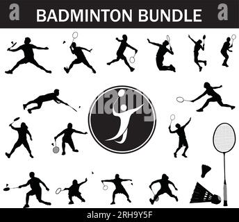 Badminton Silhouette Bundle | Collection of Badminton Players with Logo and Badminton Equipment Stock Vector