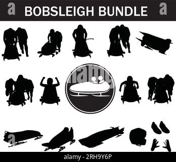 Bobsleigh Silhouette Bundle | Collection of Bobsleigh Players with Logo and Bobsleigh Equipment Stock Vector