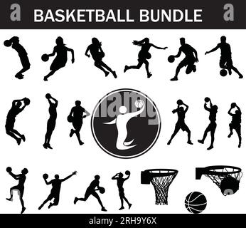 Basketball Silhouette Bundle | Collection of Basketball Players with Logo and Basketball Equipment Stock Vector
