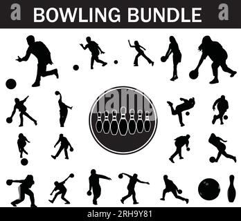 Bowling Silhouette Bundle | Collection of Bowling Players with Logo and Bowling Equipment Stock Vector
