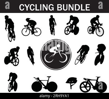 Cycling Silhouette Bundle | Collection of Cycling Players with Logo and Cycling Equipment Stock Vector