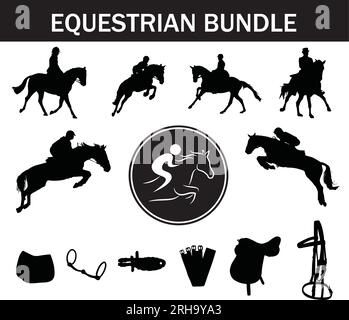 Equestrian Silhouette Bundle | Collection of Equestrian Players with Logo and Equestrian Equipment Stock Vector