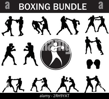 Boxing Silhouette Bundle | Collection of Boxing Players with Logo and Boxing Equipment Stock Vector