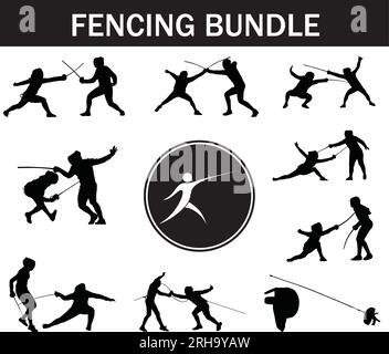 Fencing Silhouette Bundle | Collection of Fencing Players with Logo and Fencing Equipment Stock Vector
