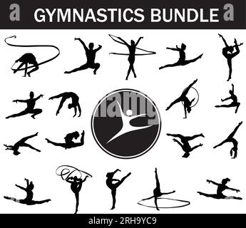 Rhythmic Gymnastics silhouettes set isolated on white. Women figures and gymnastics  equipment. Vector cliparts. Stock Vector