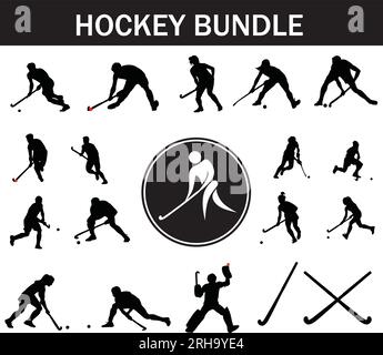 Hockey Silhouette Bundle | Collection of Hockey Players with Logo and Hockey Equipment Stock Vector