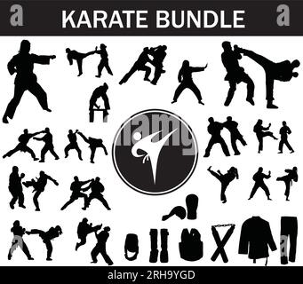 Karate Silhouette Bundle | Collection of Karate Players with Logo and Karate Equipment Stock Vector