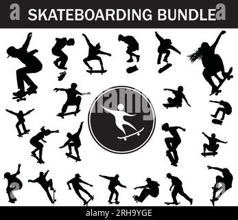 Skateboarding Silhouette Bundle | Collection of Skateboarding Players with Logo Stock Vector