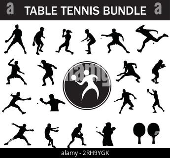 Table Tennis Silhouette Bundle | Collection of Table Tennis Players with Logo and Table Tennis Equipment Stock Vector