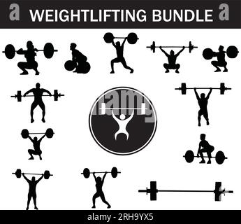 Weightlifting Silhouette Bundle | Collection of Weightlifting Players with Logo and Weightlifting Equipment Stock Vector