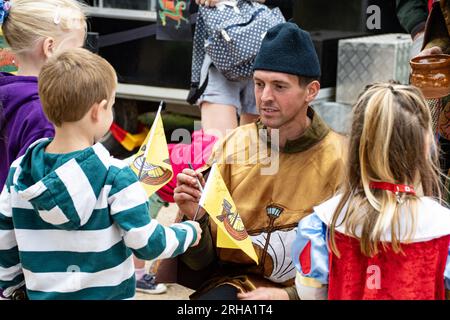 Kenilworth England July 29 2023 The  knights  of  Kenilworth castle  joust  tournament  meet the  public as they  enter before the  tournament having Stock Photo