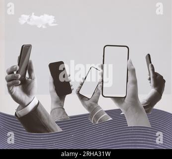 Many social media users connecting online: hands holding smartphones, vintage collage design Stock Photo