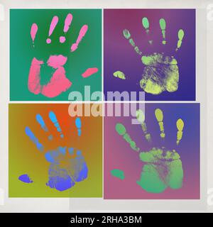 Multicolor hand prints creative collage: togetherness and diversity concept Stock Photo