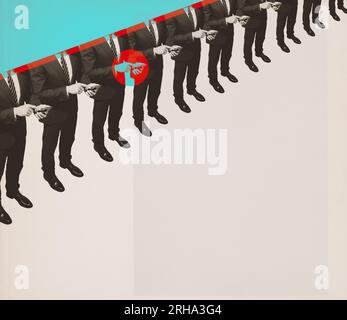 Identical business people standing in line and connecting with smartphones, one hand is highlighted: conformity, social media and smartphone addiction Stock Photo