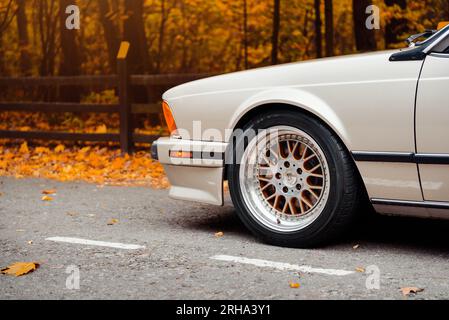 silver classic BMW 6-series E24 coupe. Front view of 1980-s 