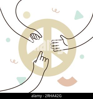 Group of people hands create together the peace symbol vector illustration. Concept of social help, cooperation, collaboration, non-violence, no war. Stock Vector