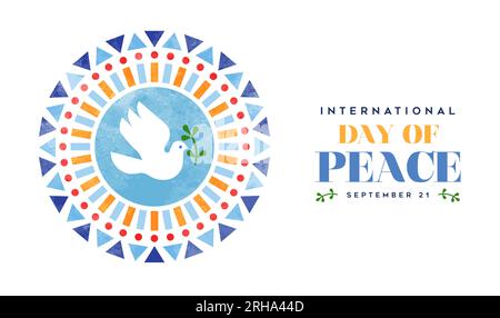 International day of peace banner illustration of white peace dove bird with abstract geometric folk shapes in watercolor texture. Graphic design to c Stock Vector