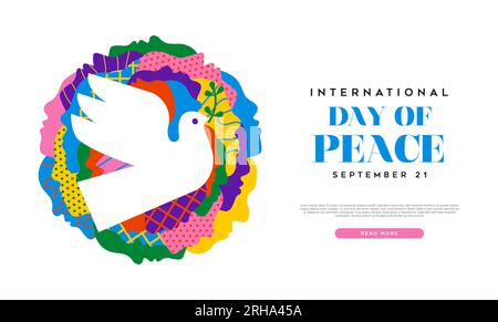 International day of peace social web banner illustration. Colorful people faces together in creative art colors with white dove on isolated backgroun Stock Vector