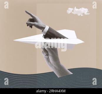 Hand launching a paper plane and business executive hand pointing: business leadership, planning and vision concept, vintage style collage Stock Photo