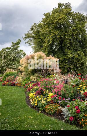 Beautiful flowers in many colors such as yellow, red, pink, orange and purple in the city park of the town of Epinal in the French Vosges Stock Photo