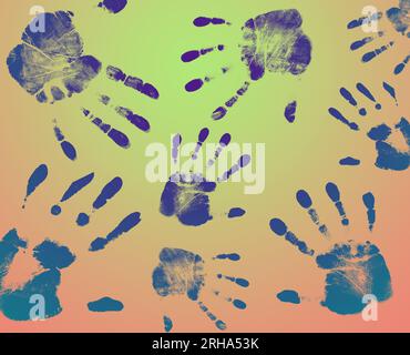 Many hand prints on multicolor background, togetherness and solidarity concept Stock Photo